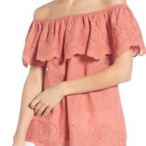 BP NWT Women's Eyelet Ruffle Off The Shoulder Top, Size S, Coral, 100% Cotton